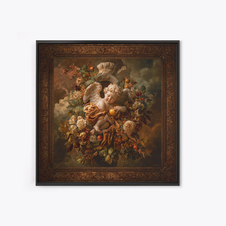 Ornate Cherub Figure Surrounded by Clouds and Canvas Print, Baroque Art, Moody Wall Art, Living Room Decor, Fine Art, Ornate, BAO-1x1-26