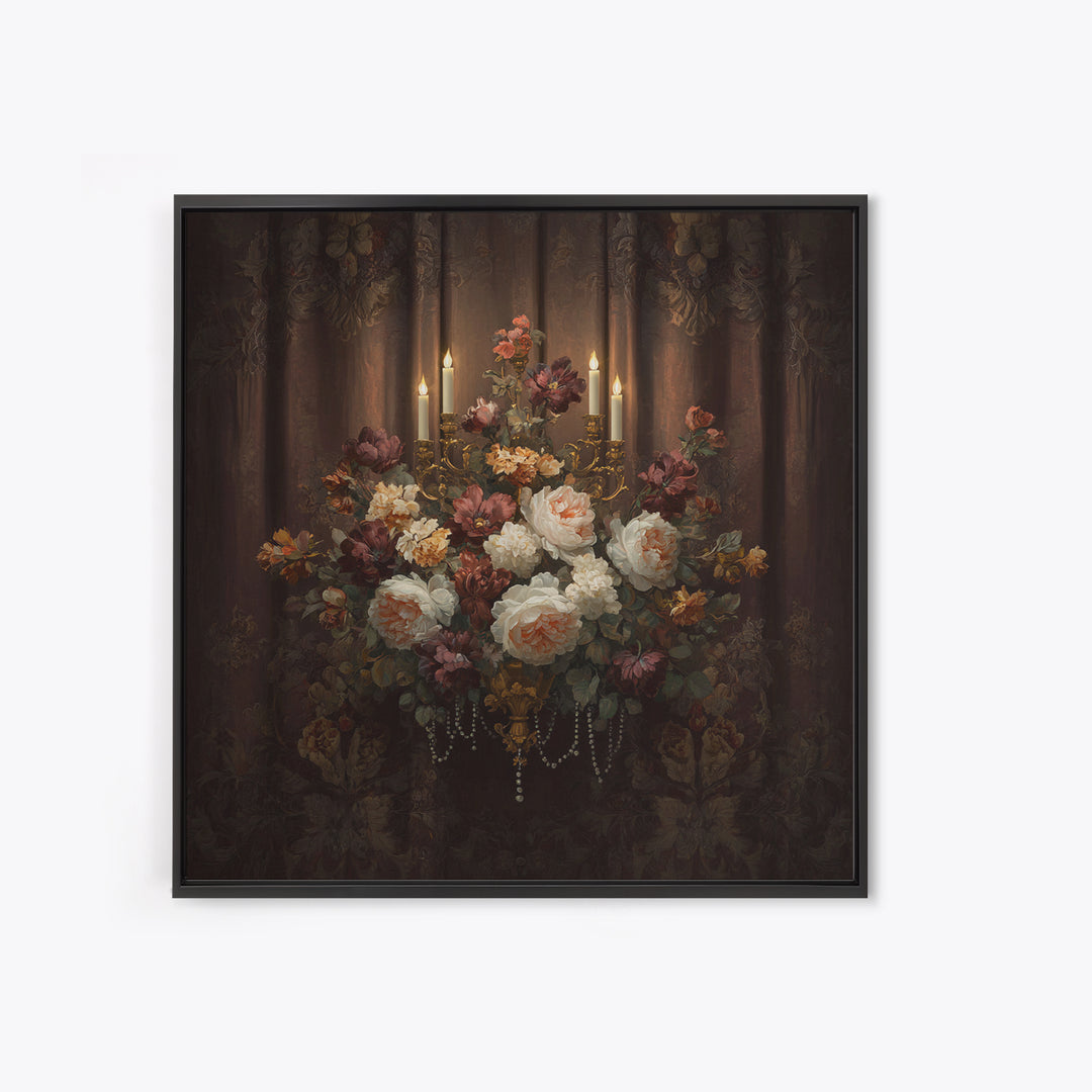 Velvet Drapery with Pearls Flowers and Candlelight Canvas Print, Baroque Art, 3d Wall Art, Living Room Decor, Ornate, BAO-1x1-27