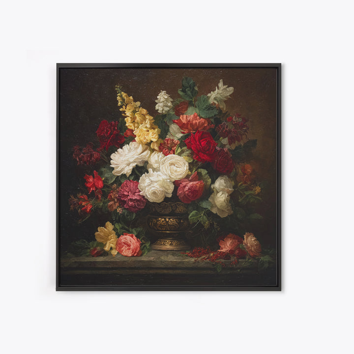 Dark Floral Arrangement Framed Canvas Print, Baroque Art, Oil Painting, Living Room Decor, Fine Art, Ornate, Eclectic Wall Art, BAO-1x1-28