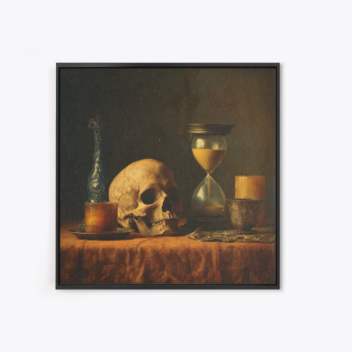 Skull and Hourglass Vanitas Still Life Framed Canvas Print, Baroque Art, Dark Academia Art, Living Room Decor, Fine Art, Ornate, BAO-1x1-29