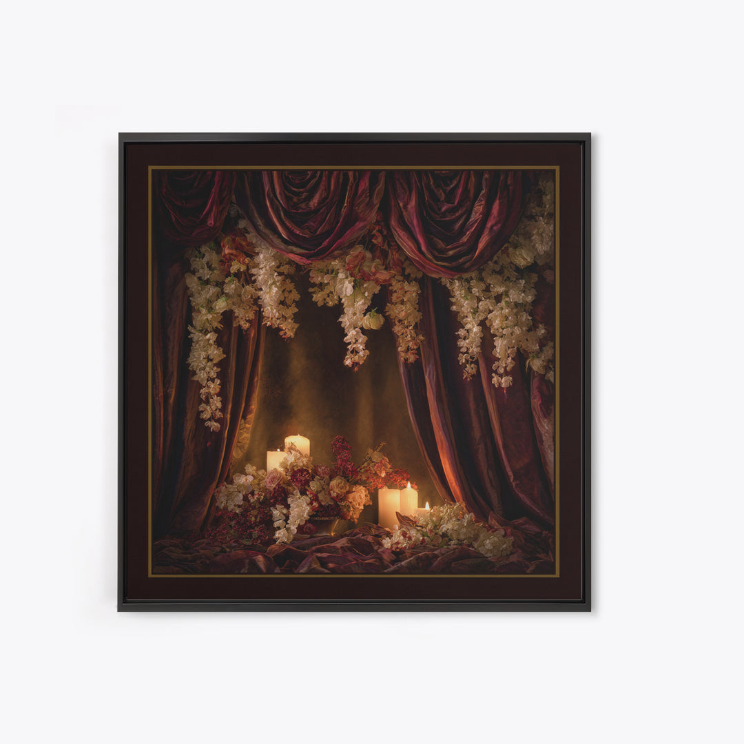 Velvet Drapery with Pearls Flowers and Candlelight Canvas Print, Baroque Art, Canvas, Living Room Decor, Fine Art, Ornate, BAO-1x1-3