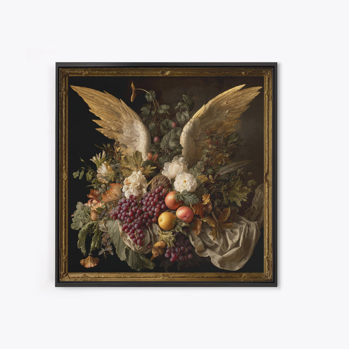 Gilded Angel Wings Emerging from Storm Clouds Canvas Print, Baroque Art, Minimalist Wall Art, Living Room Decor, Oil Painting, BAO-1x1-30