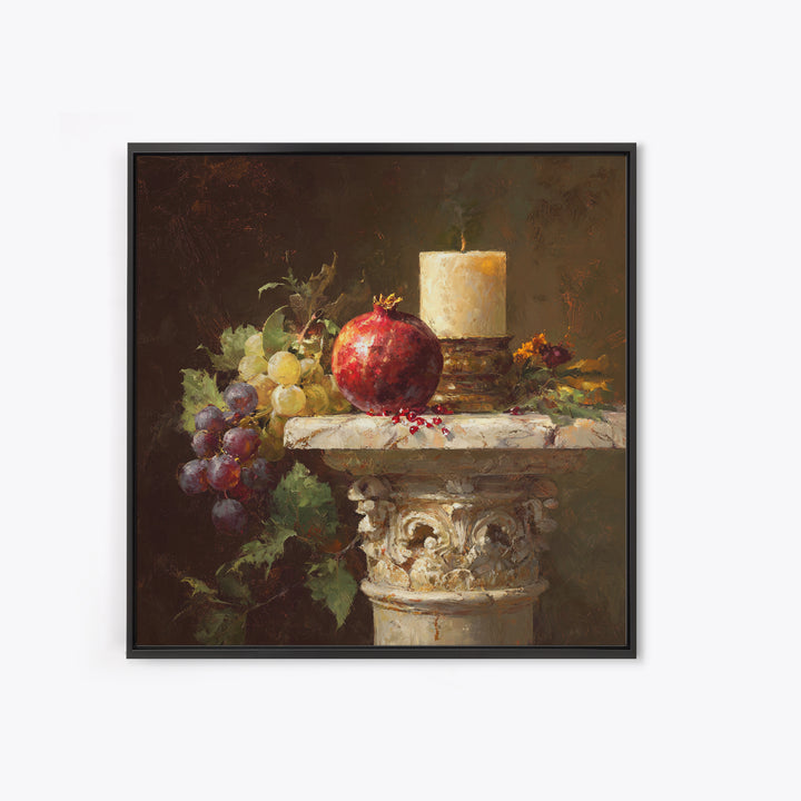 Pomegranate and Grapes on a Marble Ledge Framed Canvas Print, Baroque Art, Home Decor, Living Room Decor, Fine Art, Ornate, BAO-1x1-32