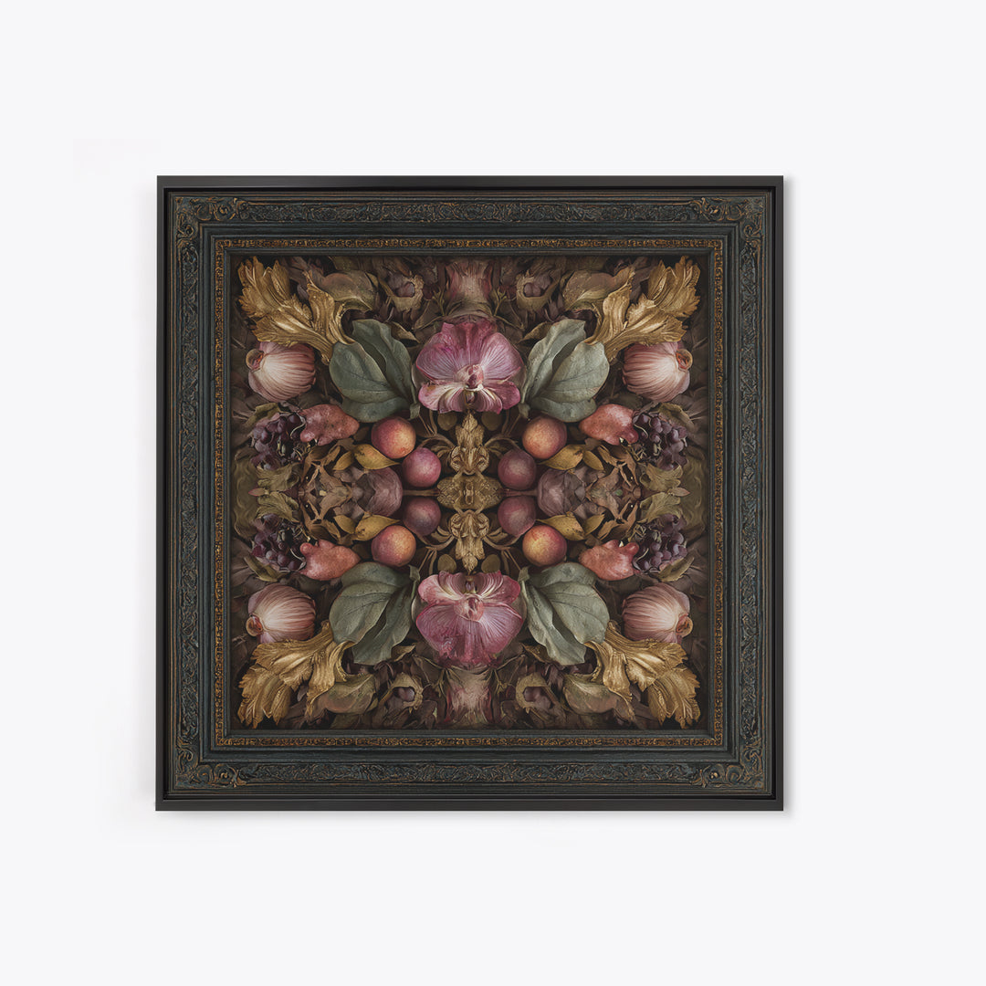 Ornate Gold Frame Illusion Around a Botanical Framed Canvas Print, Baroque Art, Maximalist Decor, Living Room Decor, Ornate, BAO-1x1-33
