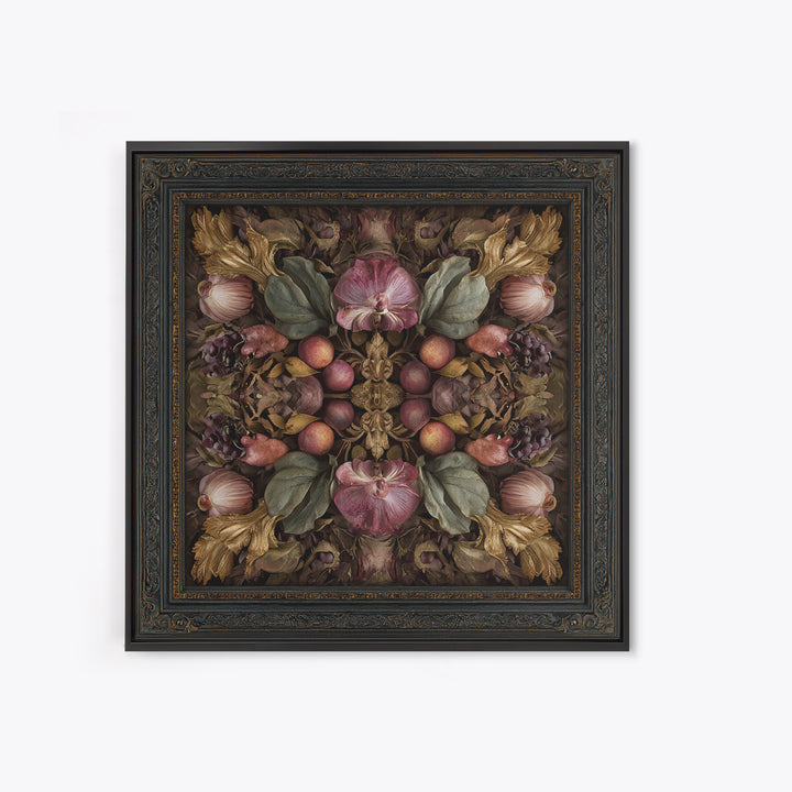 Ornate Gold Frame Illusion Around a Botanical Framed Canvas Print, Baroque Art, Maximalist Decor, Living Room Decor, Ornate, BAO-1x1-33