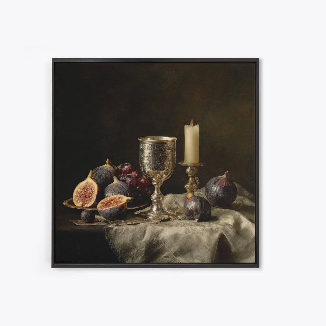 Candlelit Table with Silver Goblet and Figs Canvas Print, Baroque Art, Room Decor Aesthetic, Living Room Decor, Ornate, BAO-1x1-37