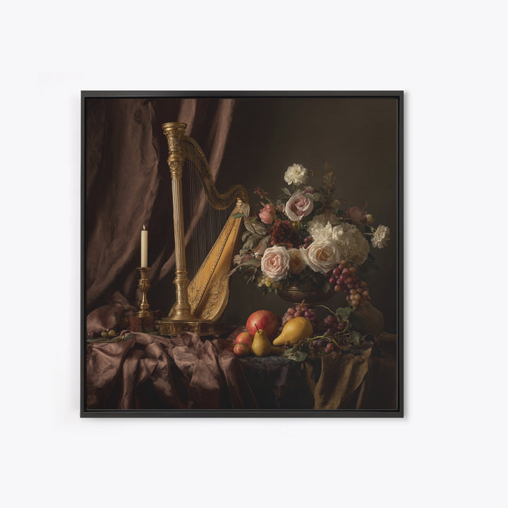 Golden Harp and Roses Framed Canvas Print, Baroque Art, Modern Wall Art, Living Room Decor, Abstract Art, Ornate, Feminist Art, BAO-1x1-42