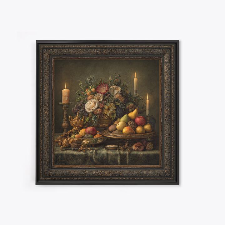 Lavish Banquet Fruit Composition Framed Canvas Print, Baroque Art, Whimsical Decor, Living Room Decor, Fine Art, Ornate, BAO-1x1-44