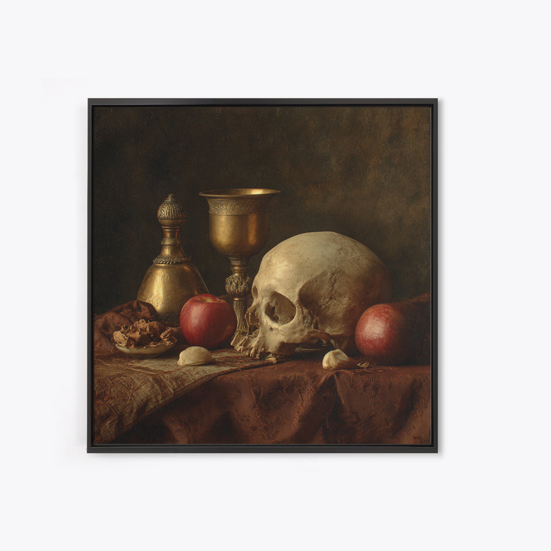 Skull and Hourglass Vanitas Still Life Canvas Print, Baroque Art, Moody Wall Art, Living Room Decor, Fine Art, Ornate, BAO-1x1-5