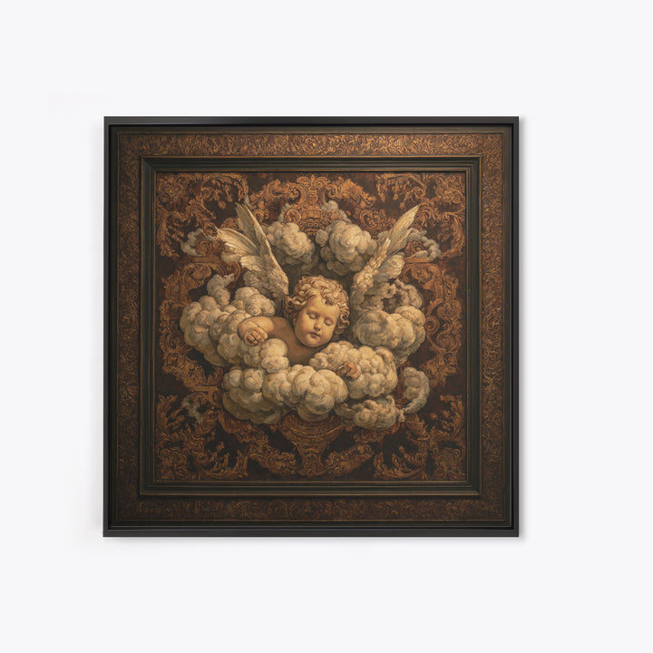 Ornate Cherub Figure Surrounded by Clouds and Canvas Print, Baroque Art, Moody Wall Art, Living Room Decor, Fine Art, Ornate, BAO-1x1-50