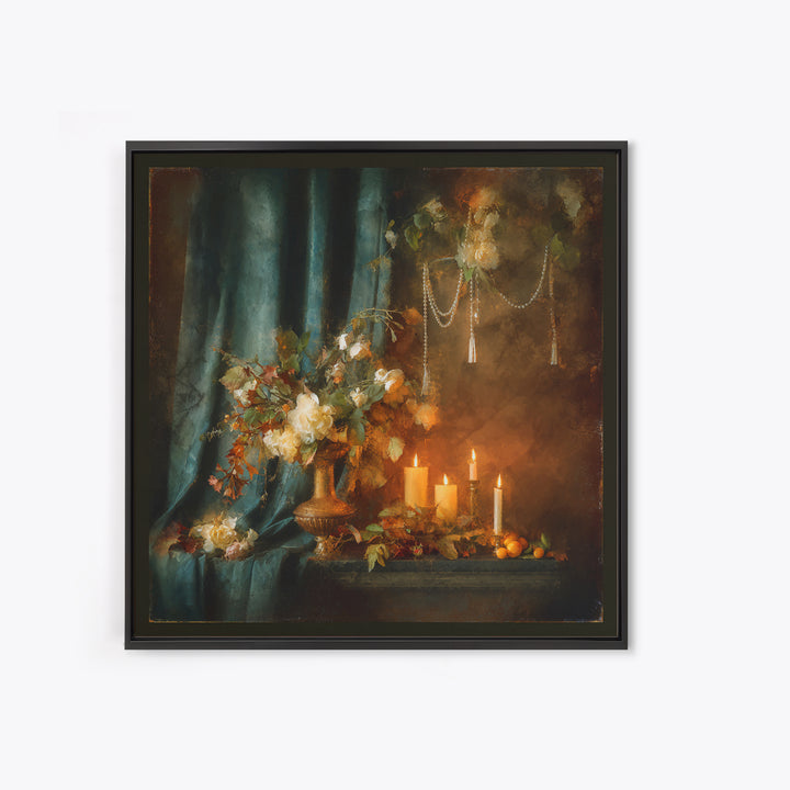 Velvet Drapery with Pearls Flowers and Candlelight Canvas Print, Baroque Art, Maximalist Decor, Living Room Decor, Ornate, BAO-1x1-51