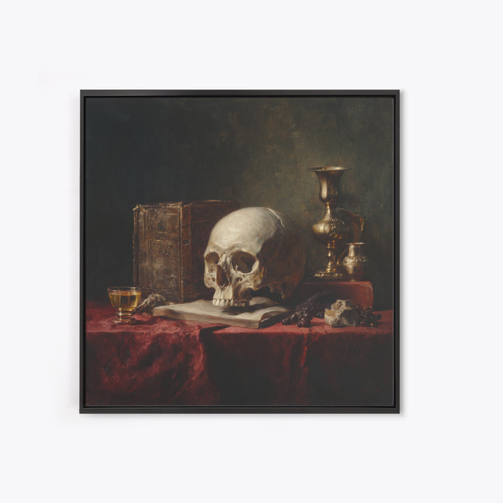 Skull and Hourglass Vanitas Still Life Framed Canvas Print, Baroque Art, Dark Academia Art, Living Room Decor, Fine Art, Ornate, BAO-1x1-53