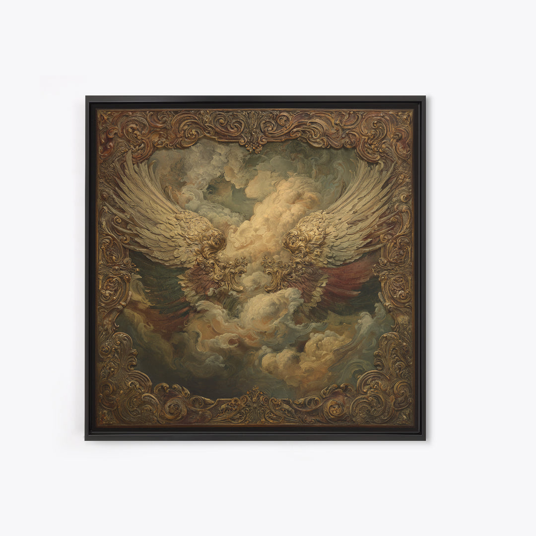 Gilded Angel Wings Emerging from Storm Clouds Canvas Print, Baroque Art, Minimalist Wall Art, Living Room Decor, Oil Painting, BAO-1x1-54