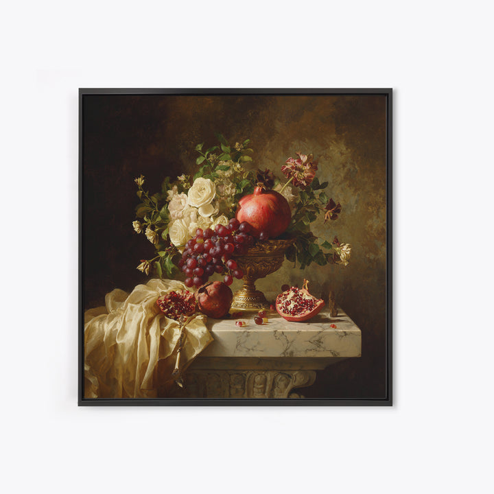 Pomegranate and Grapes on a Marble Ledge Framed Canvas Print, Baroque Art, Digital Wall Art, Living Room Decor, Ornate, BAO-1x1-56