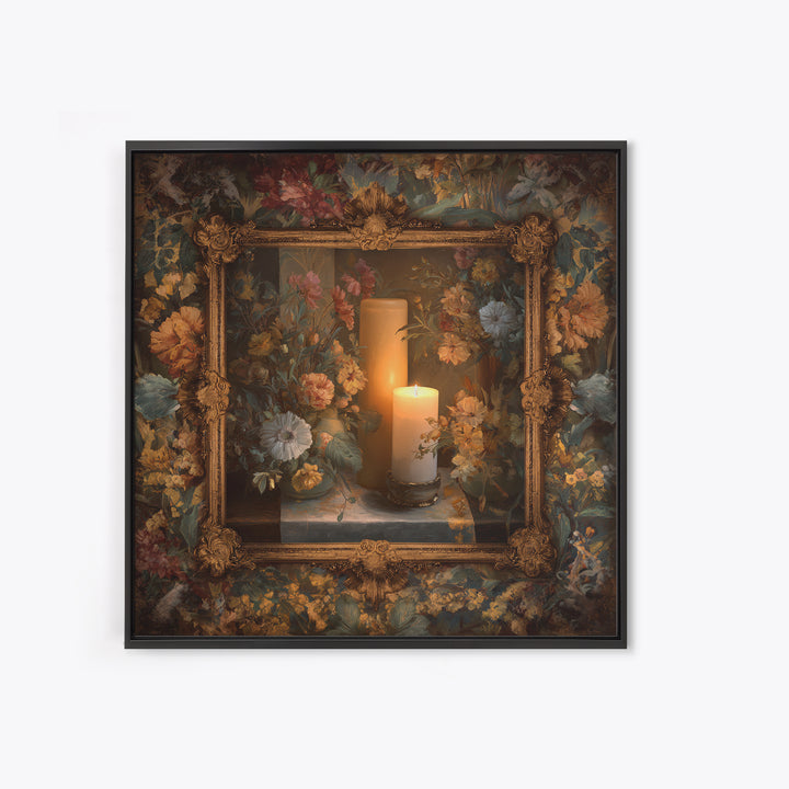 Ornate Gold Frame Illusion Around a Botanical Framed Canvas Print, Baroque Art, Maximalist Decor, Living Room Decor, Ornate, BAO-1x1-57