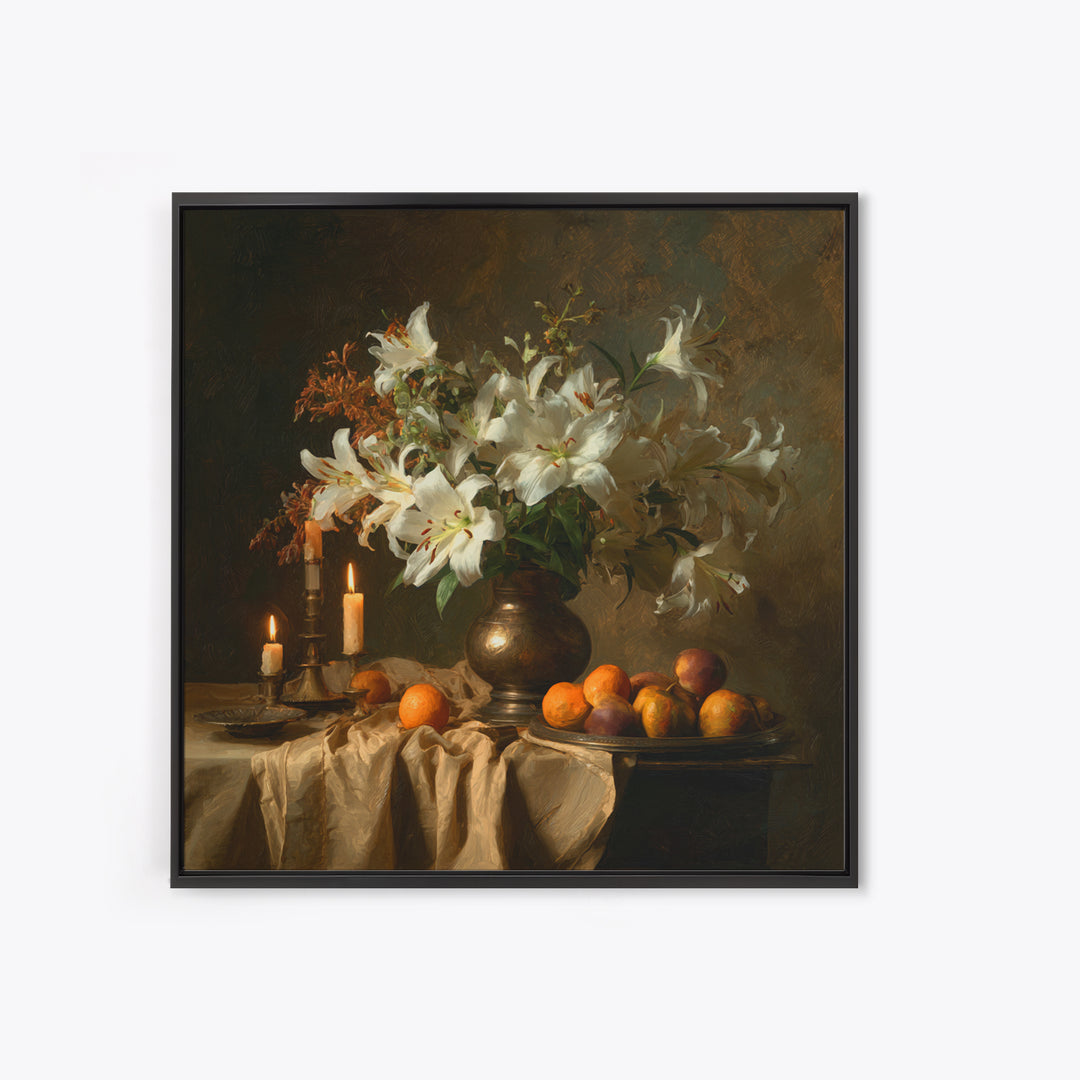 Dramatic White Lilies Canvas Print, Baroque Art, Portrait Painting, Living Room Decor, Fine Art, Ornate, Neutral Decor, BAO-1x1-60