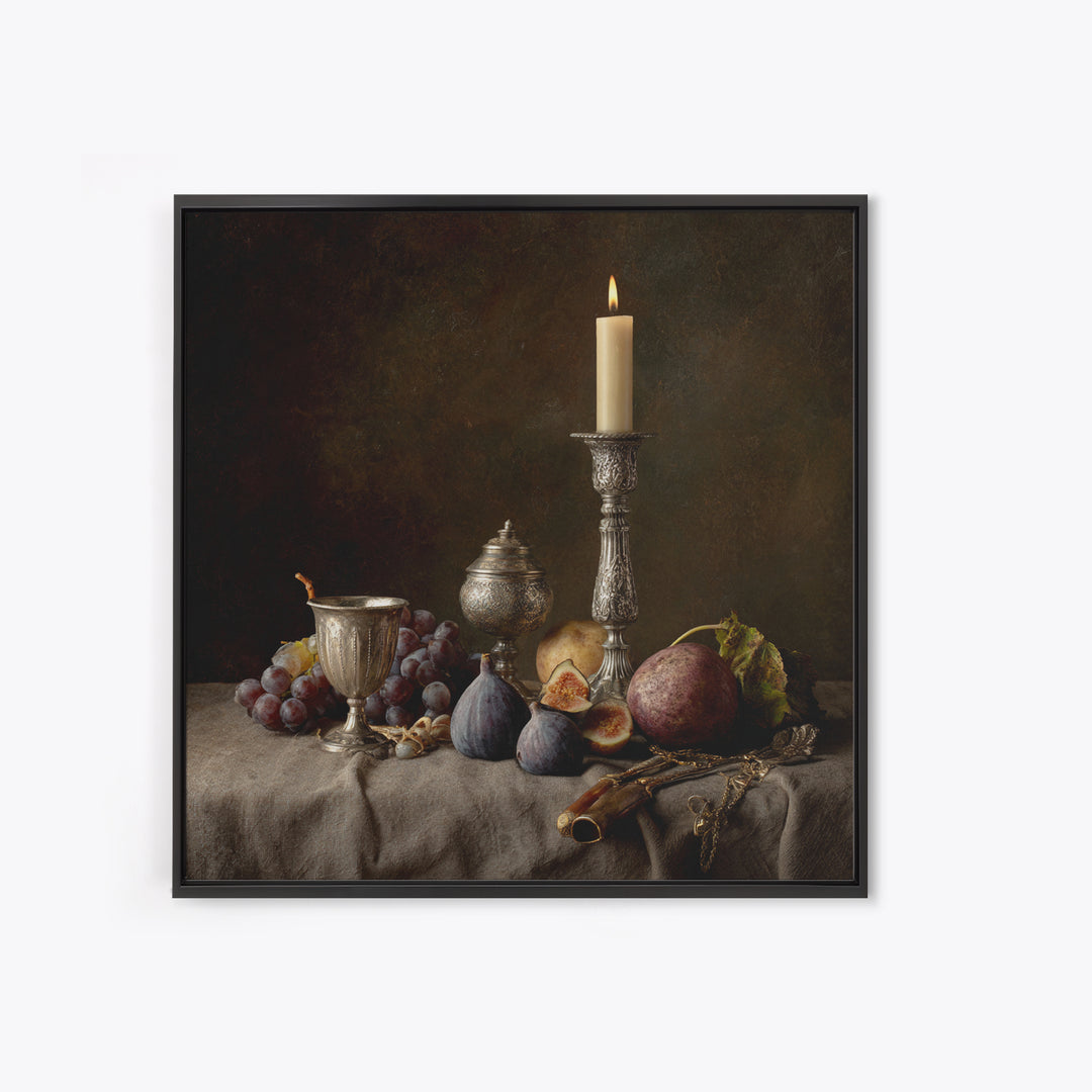 Candlelit Table with Silver Goblet and Figs Canvas Print, Baroque Art, Room Decor Aesthetic, Living Room Decor, Ornate, BAO-1x1-61
