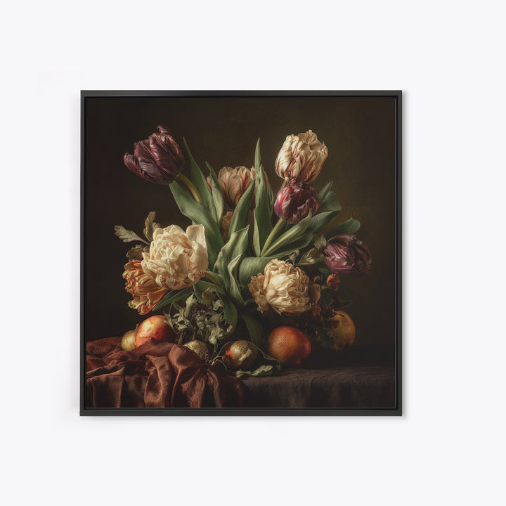 Black Background Tulips Framed Canvas Print, Baroque Art, Living Room Wall Art, Living Room Decor, Ornate, Art Nouveau Decor, BAO-1x1-64