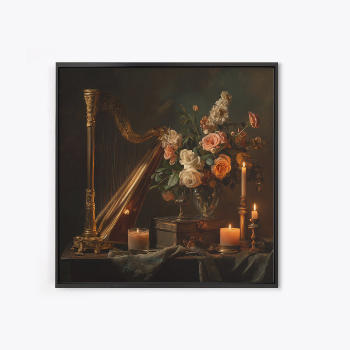 Golden Harp and Roses Framed Canvas Print, Baroque Art, Modern Wall Art, Living Room Decor, Abstract Art, Ornate, Feminist Art, BAO-1x1-66