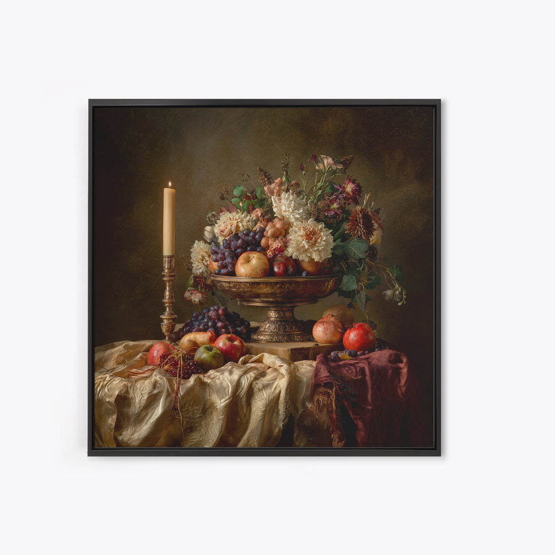 Lavish Banquet Fruit Composition Framed Canvas Print, Baroque Art, Dark Academia Art, Living Room Decor, Fine Art, Ornate, BAO-1x1-68