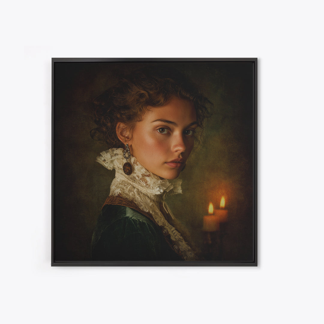 Classical Portrait with Lace Collar and Jewel Framed Canvas Print, Baroque Art, Oil Painting, Living Room Decor, Ornate, BAO-1x1-7
