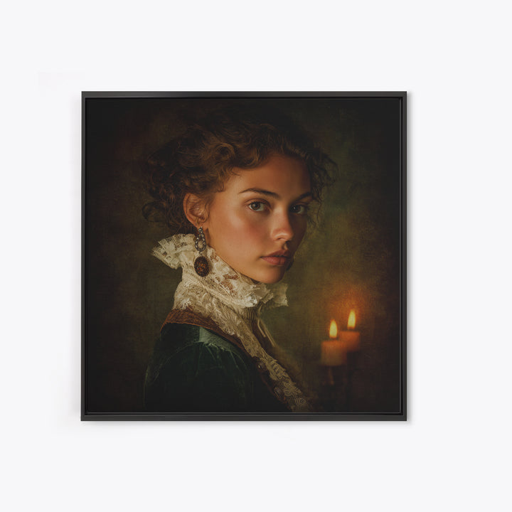 Classical Portrait with Lace Collar and Jewel Framed Canvas Print, Baroque Art, Oil Painting, Living Room Decor, Ornate, BAO-1x1-7