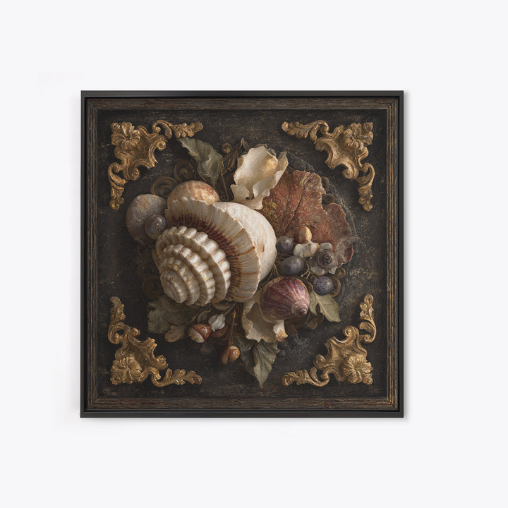 Ornamental Shell and Pearl Composition Framed Canvas Print, Baroque Art, Living Room Wall Art, Living Room Decor, Ornate, BAO-1x1-70
