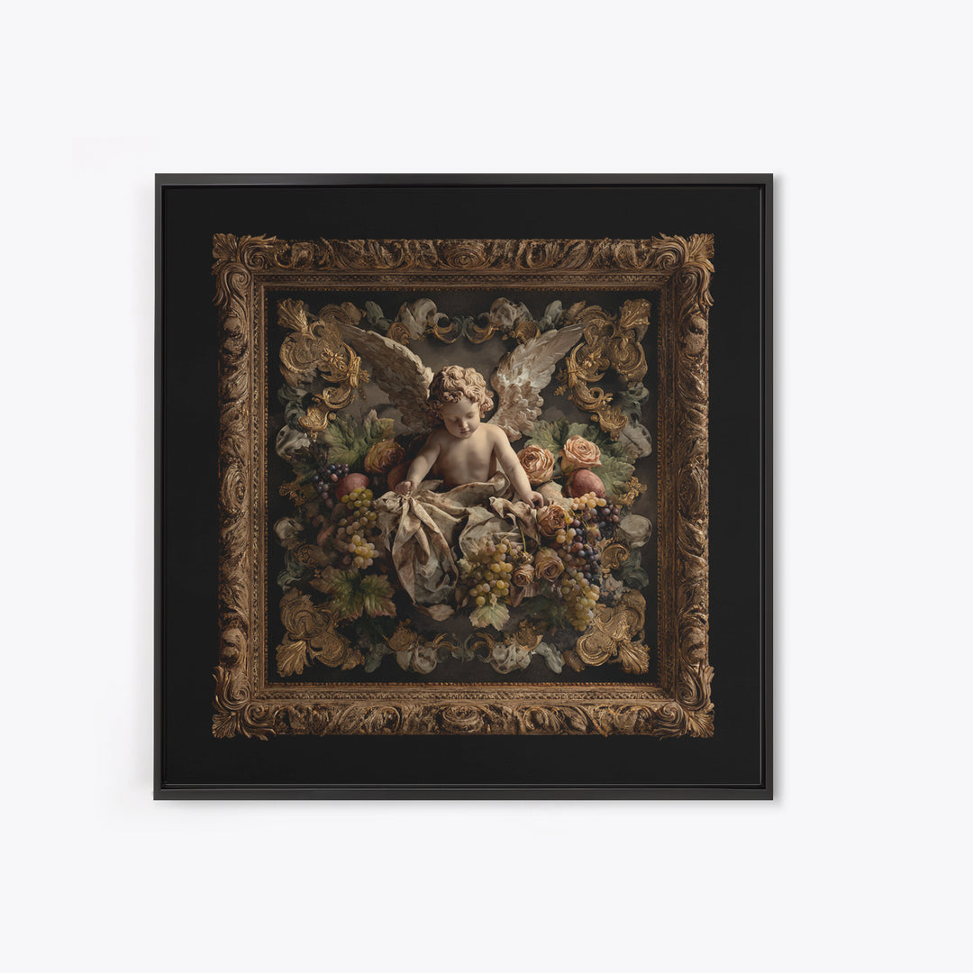 Ornate Cherub Figure Surrounded by Clouds and Canvas Print, Baroque Art, Dark Academia Art, Living Room Decor, Ornate, BAO-1x1-74