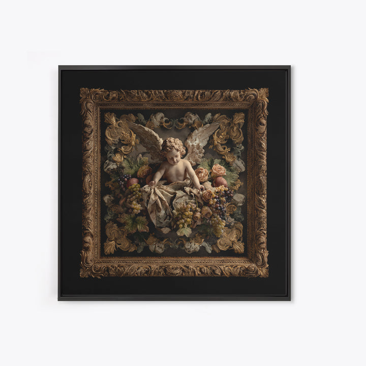 Ornate Cherub Figure Surrounded by Clouds and Canvas Print, Baroque Art, Dark Academia Art, Living Room Decor, Ornate, BAO-1x1-74
