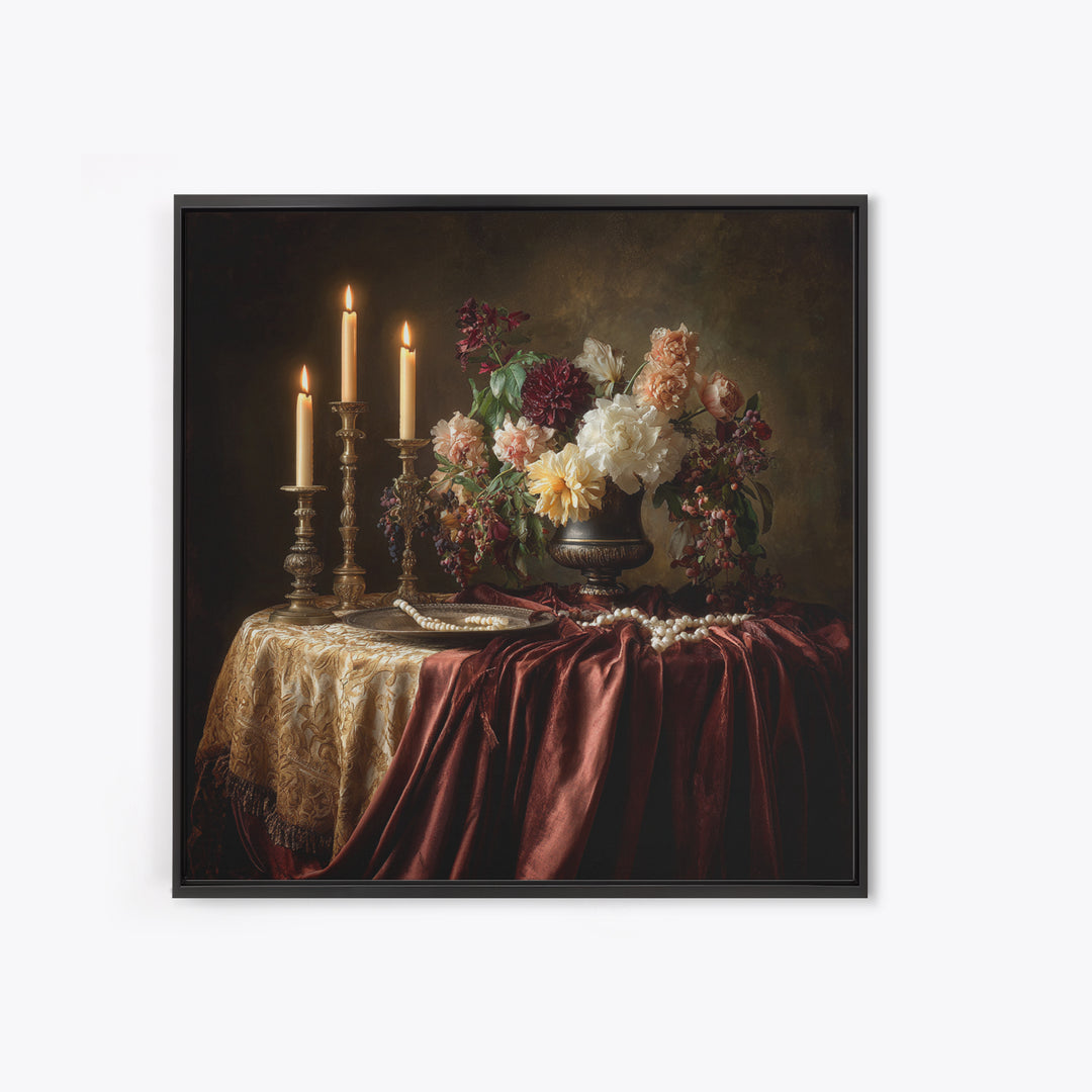Velvet Drapery with Pearls Flowers and Candlelight Canvas Print, Baroque Art, Baroque, Living Room Decor, Fine Art, Ornate, BAO-1x1-75