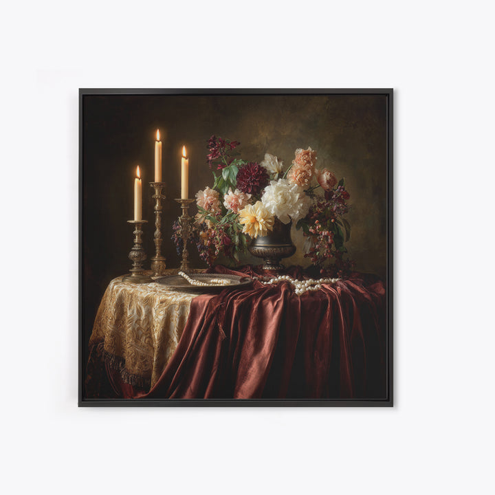 Velvet Drapery with Pearls Flowers and Candlelight Canvas Print, Baroque Art, Baroque, Living Room Decor, Fine Art, Ornate, BAO-1x1-75