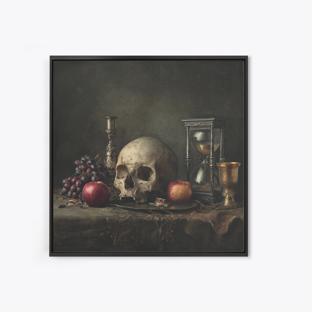 Skull and Hourglass Vanitas Still Life Canvas Print, Baroque Art, Art Nouveau Decor, Living Room Decor, Fine Art, Ornate, BAO-1x1-77