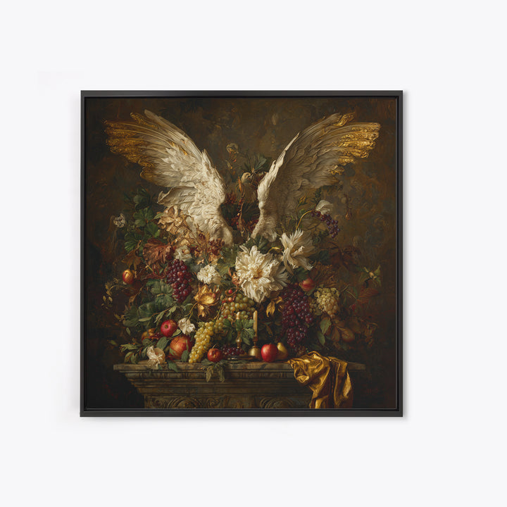 Gilded Angel Wings Emerging from Storm Clouds Framed Canvas Print, Baroque Art, Maximalist Decor, Living Room Decor, Ornate, BAO-1x1-78