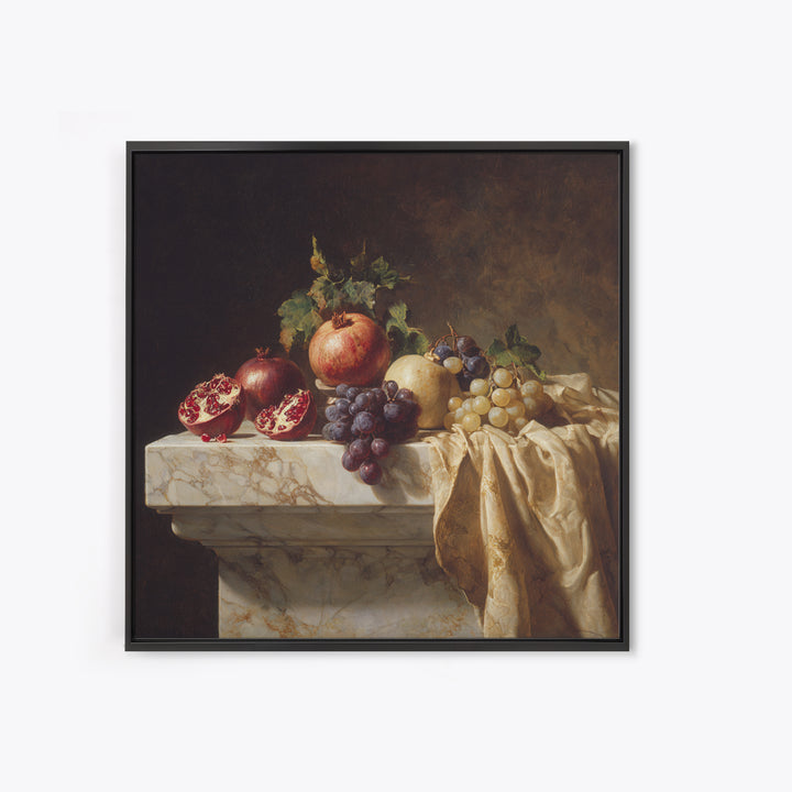 Pomegranate and Grapes on a Marble Ledge Framed Canvas Print, Baroque Art, Digital Wall Art, Living Room Decor, Ornate, BAO-1x1-8