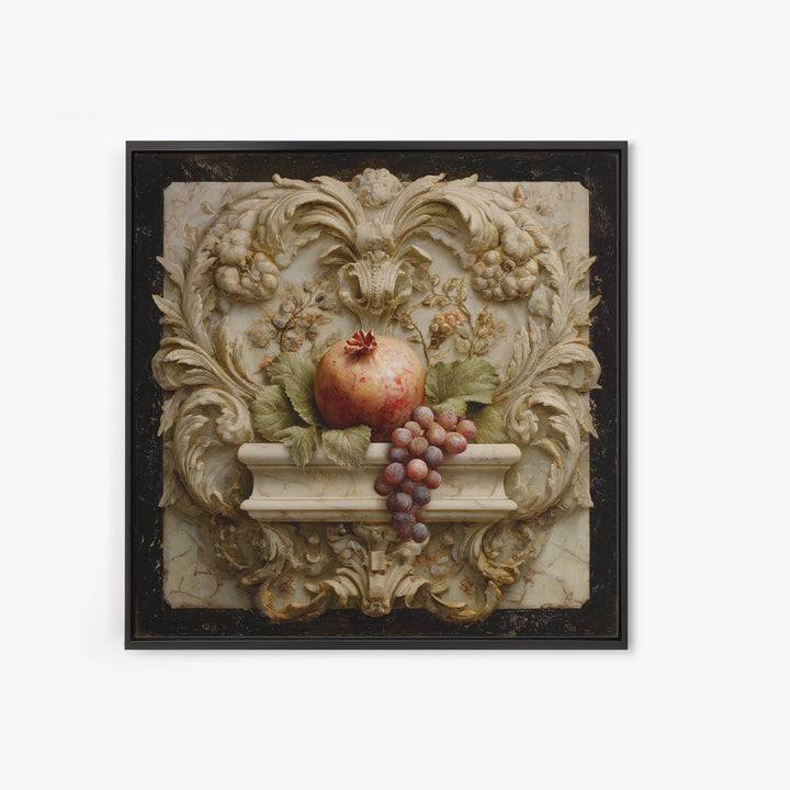 Pomegranate and Grapes on a Marble Ledge Framed Canvas Print, Baroque Art, Home Decor, Living Room Decor, Fine Art, Ornate, BAO-1x1-80