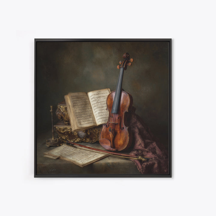Baroque Violin and Sheet Music Still Life Framed Canvas Print, Baroque Art, Home Decor, Living Room Decor, Fine Art, Ornate, BAO-1x1-83