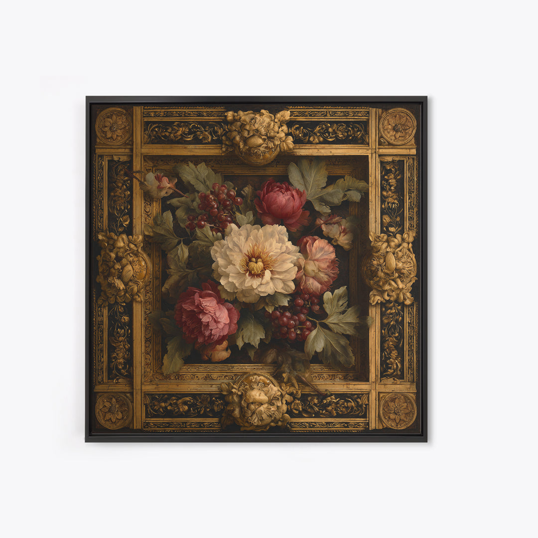 Ornate Gold Frame Illusion Around a Botanical Canvas Print, Baroque Art, Minimalist Wall Art, Living Room Decor, Ornate, BAO-1x1-9