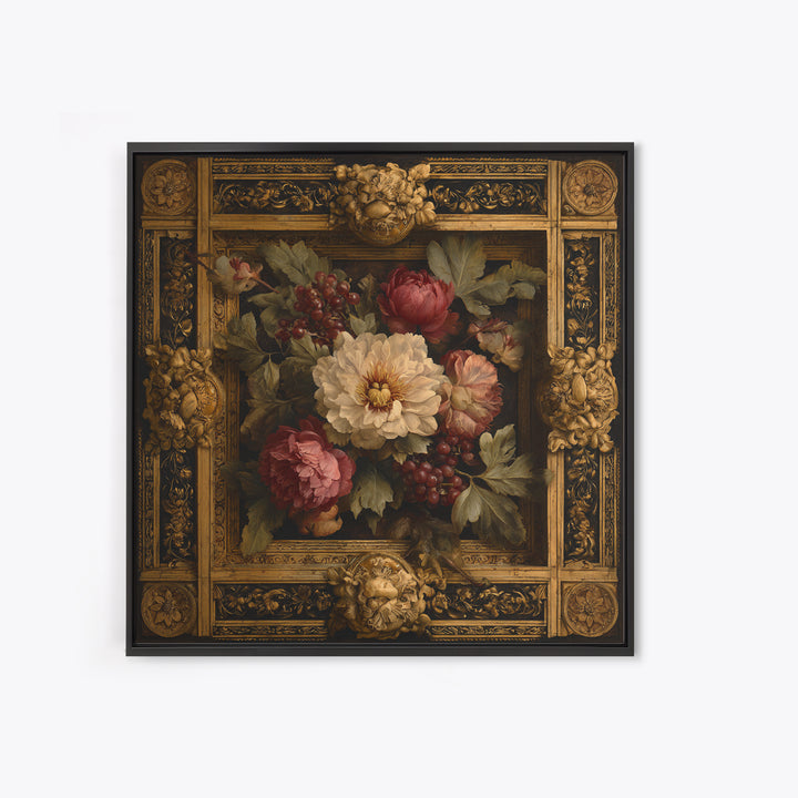 Ornate Gold Frame Illusion Around a Botanical Canvas Print, Baroque Art, Minimalist Wall Art, Living Room Decor, Ornate, BAO-1x1-9