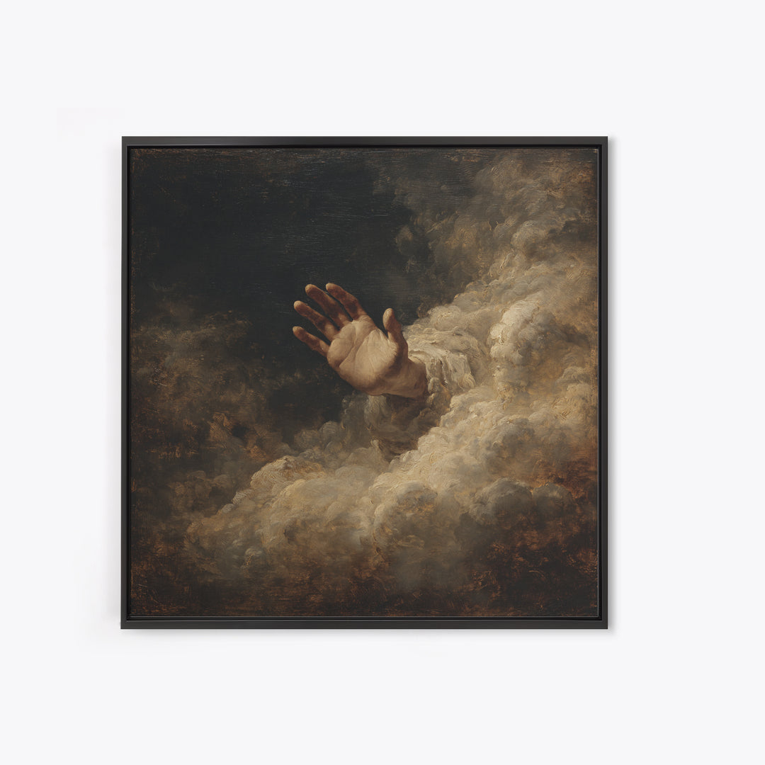 Angelic Hand Reaching Through Clouds Framed Canvas Print, Baroque Art, Maximalist Wall Art, Living Room Decor, Oil Painting, BAO-1x1-93