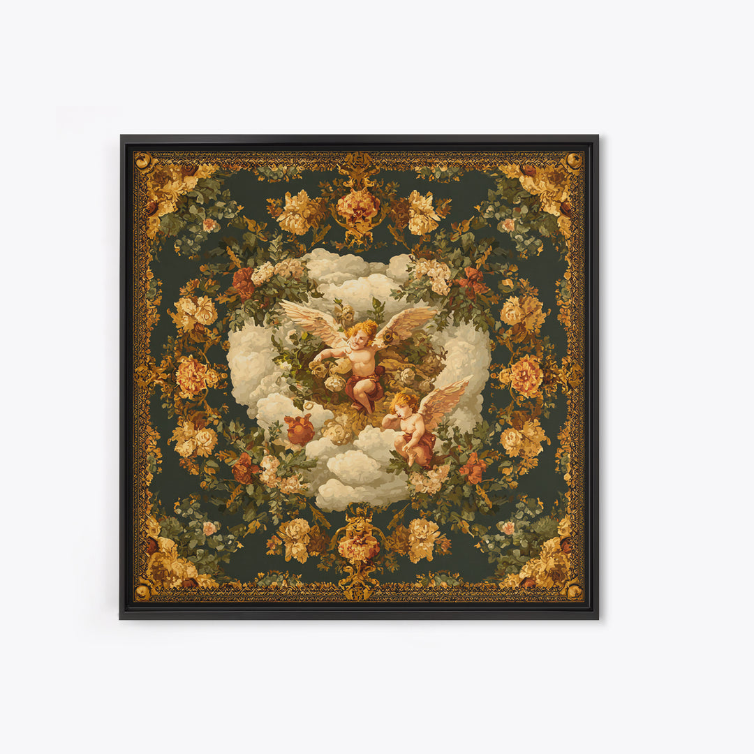 Ornate Cherub Figure Surrounded by Clouds and Canvas Print, Baroque Art, Art Nouveau Decor, Living Room Decor, Fine Art, Ornate, BAO-1x1-98