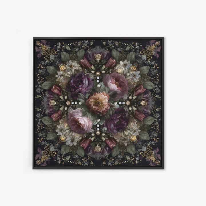 Velvet Drapery with Pearls Flowers and Candlelight Canvas Print, Baroque Art, Living Room Decor, Oil Painting, Ornate, BAO-1x1-99