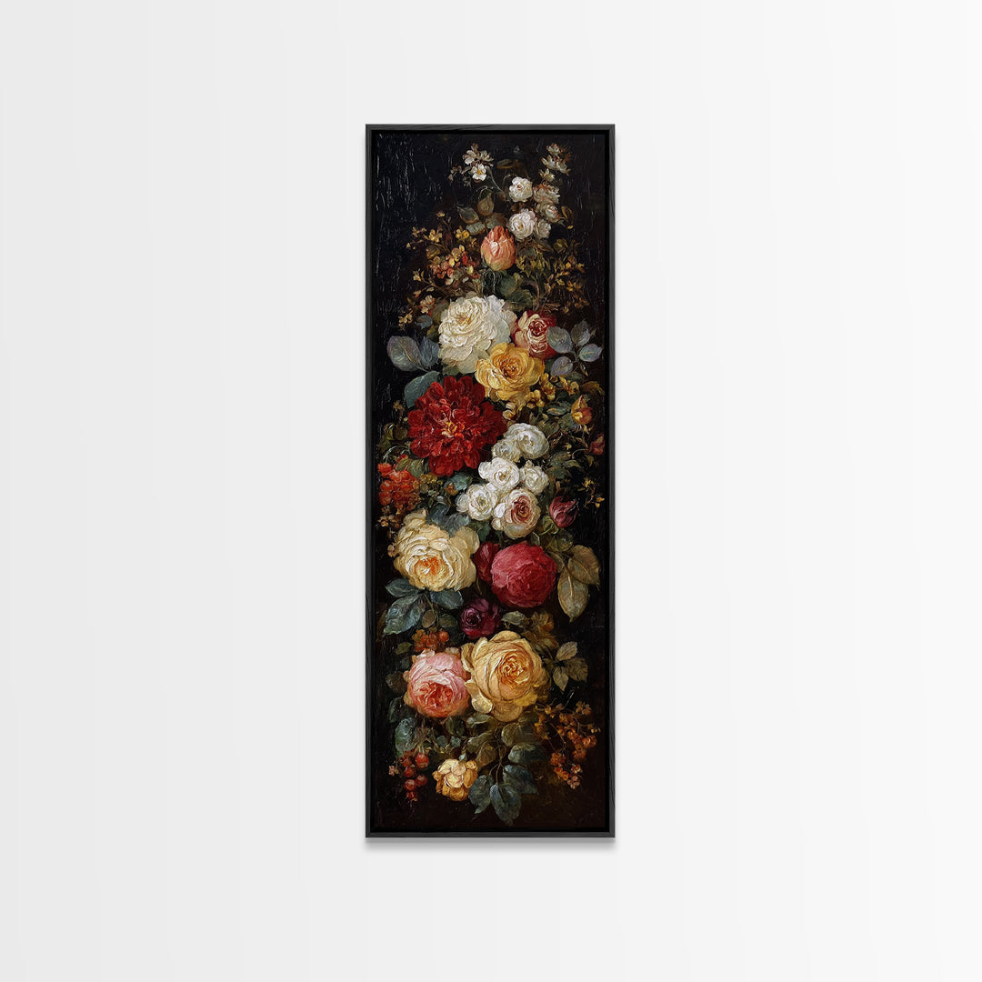 Dark Floral Arrangement Canvas Print, Baroque Art, Gallery Wall, Living Room Decor, Ornate, Neutral Decor, Modern Decor, BAO-1x3-16