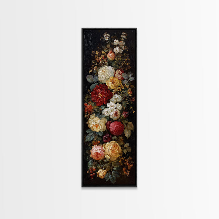Dark Floral Arrangement Canvas Print, Baroque Art, Gallery Wall, Living Room Decor, Ornate, Neutral Decor, Modern Decor, BAO-1x3-16