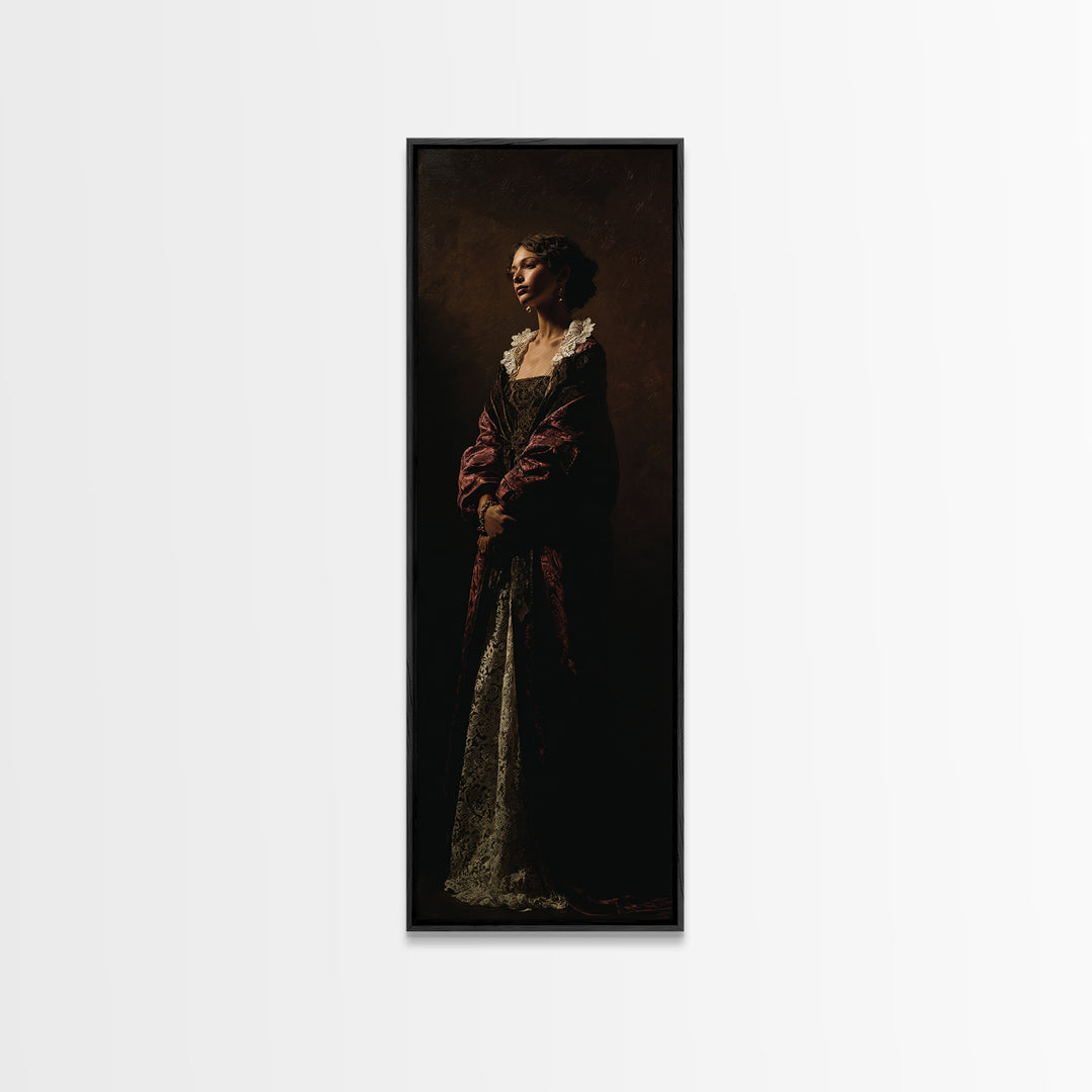Classical Portrait with Lace Collar and Jewel Framed Canvas Print, Baroque Art, Feminist Art, Living Room Decor, Ornate, BAO-1x3-19