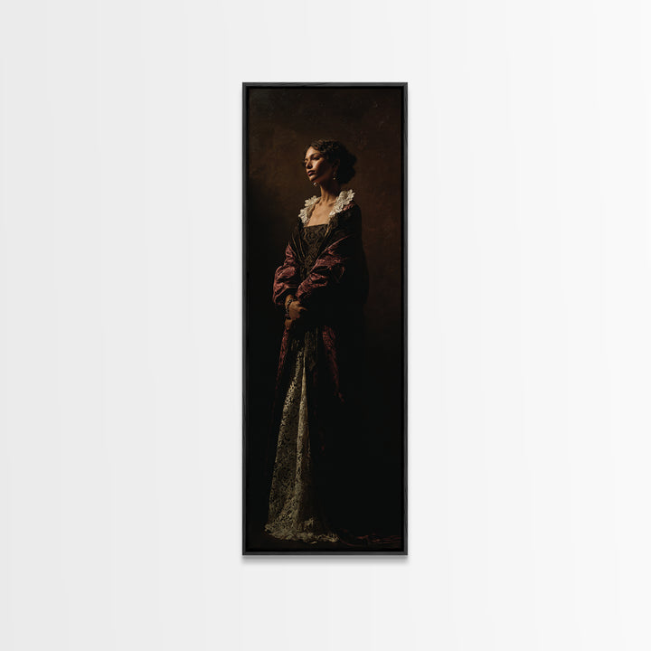Classical Portrait with Lace Collar and Jewel Framed Canvas Print, Baroque Art, Feminist Art, Living Room Decor, Ornate, BAO-1x3-19