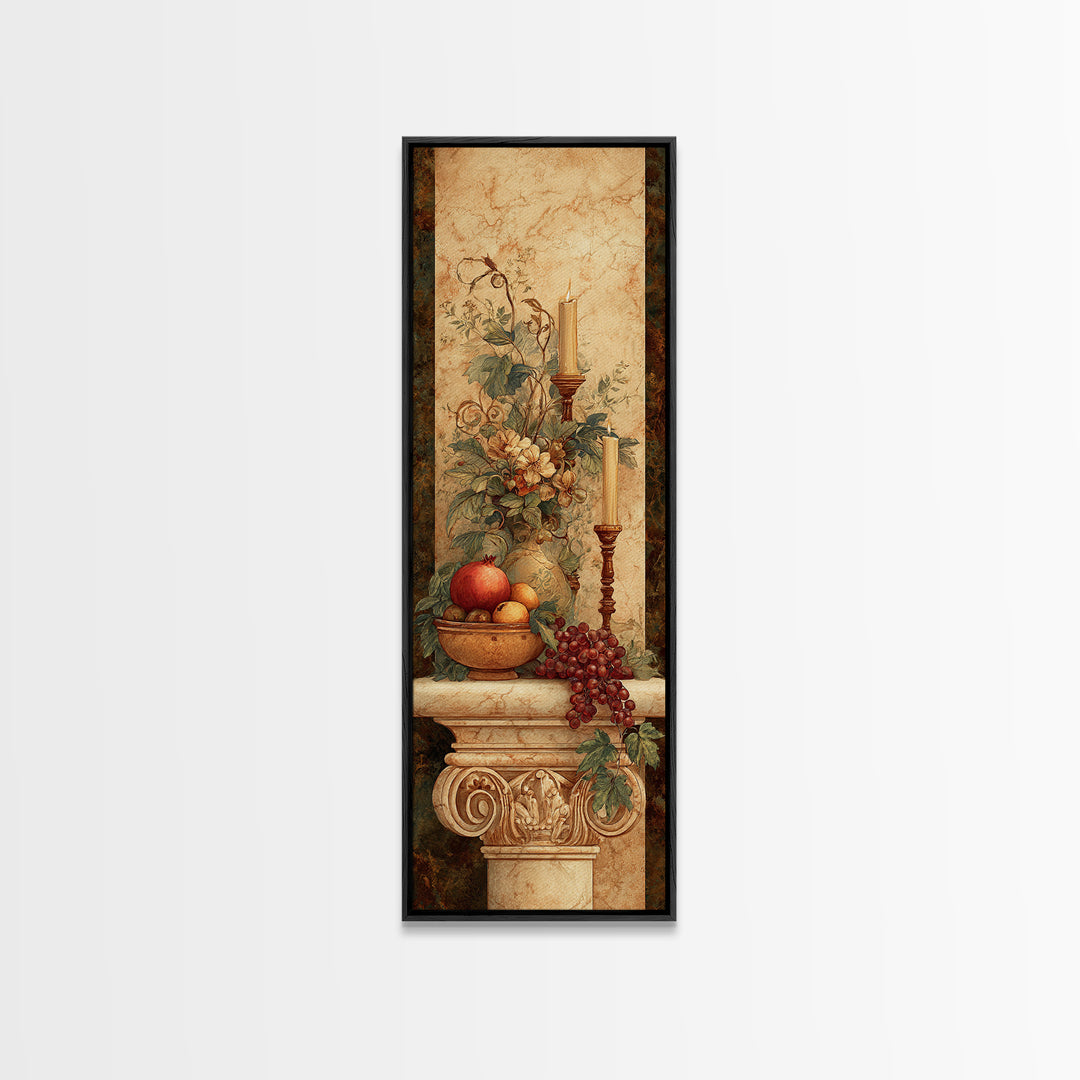 Pomegranate and Grapes on a Marble Ledge Framed Canvas Print, Baroque Art, Dark Academia Art, Living Room Decor, Ornate, BAO-1x3-20