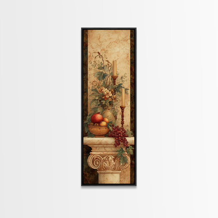 Pomegranate and Grapes on a Marble Ledge Framed Canvas Print, Baroque Art, Dark Academia Art, Living Room Decor, Ornate, BAO-1x3-20