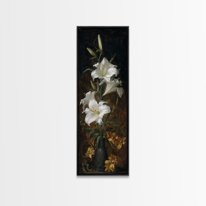 Dramatic White Lilies Framed Canvas Print, Baroque Art, Maximalist Decor, Living Room Decor, Fine Art, Ornate, Fine Art Print, BAO-1x3-24