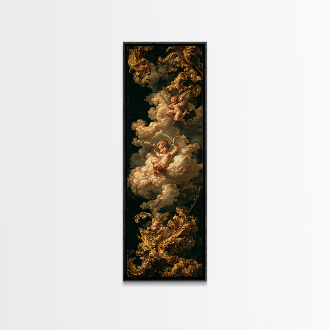 Ornate Cherub Figure Surrounded by Clouds and Canvas Print, Baroque Art, Moody Wall Art, Living Room Decor, Fine Art, Ornate, BAO-1x3-38