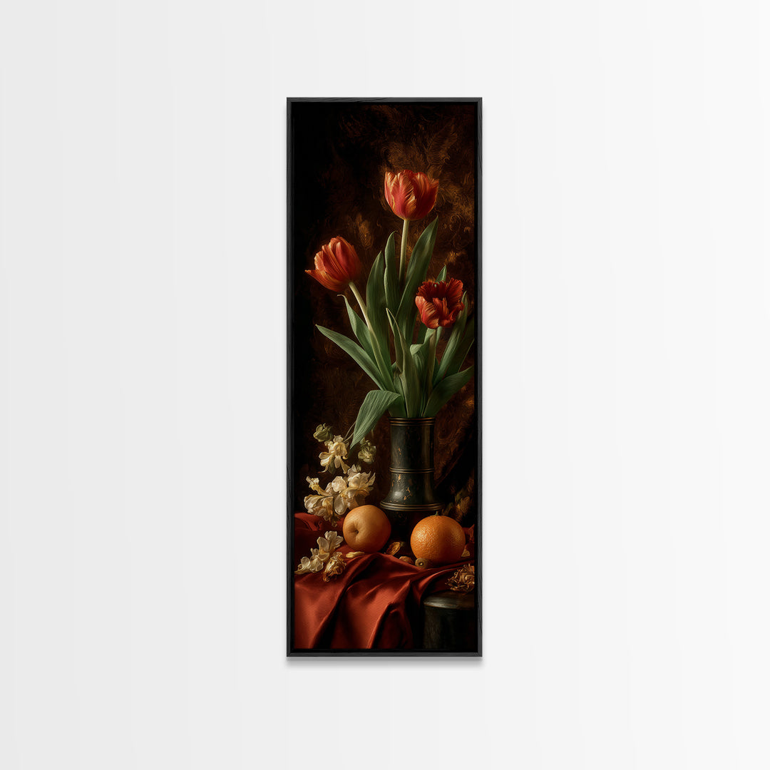 Black Background Tulips Framed Canvas Print, Baroque Art, Room Decor Aesthetic, Living Room Decor, Fine Art, Ornate, Home Decor, BAO-1x3-4